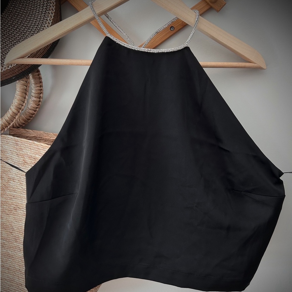 Beautiful Rachel Zoe black satin, crystal razor back tank